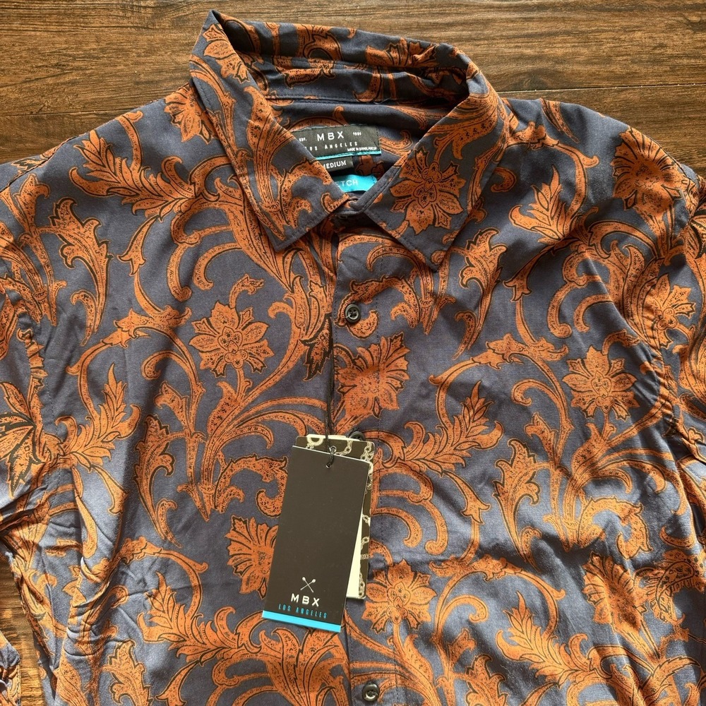 NWT MBX Men's Medium Western Floral Button Down Long Sleeve Shirt Stretch Rayon - Picture 2 of 6